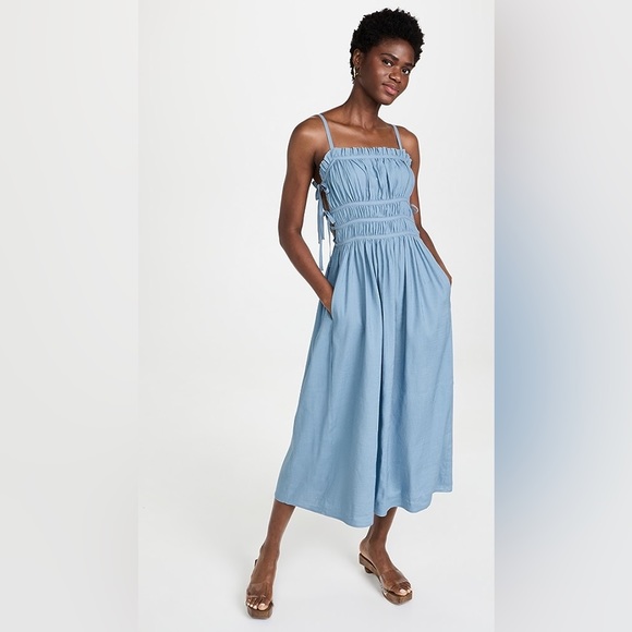 CULT GAIA Lola Smocked Linen Midi Dress Blue Steel NWT - Picture 2 of 13